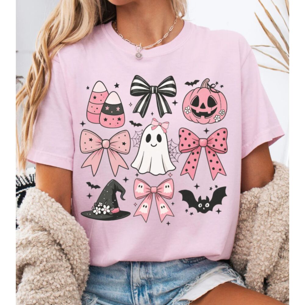 Comfort Colors Halloween Pink Bows and Ghost Tee Shirt